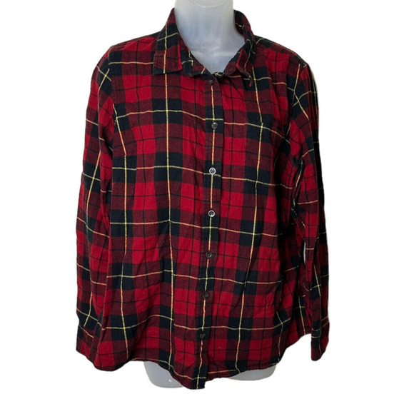 LL Bean Red Black Plaid Flannel Shirt Womens Large Slightly Fitted Pocket Button - Picture 1 of 9